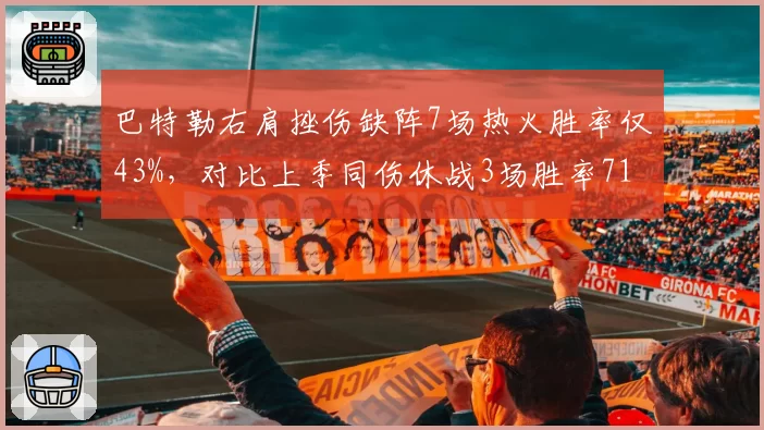 巴特勒右肩挫伤缺阵7场热火胜率仅43%，对比上季同伤休战3场胜率71%反差鲜明